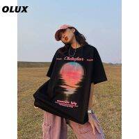 COD Olux American Retro Sunset Short-Sleeved T-shirt Womens Summer New Loose Design Students Half-Length Sleeve Top Ins Fashion IJf8