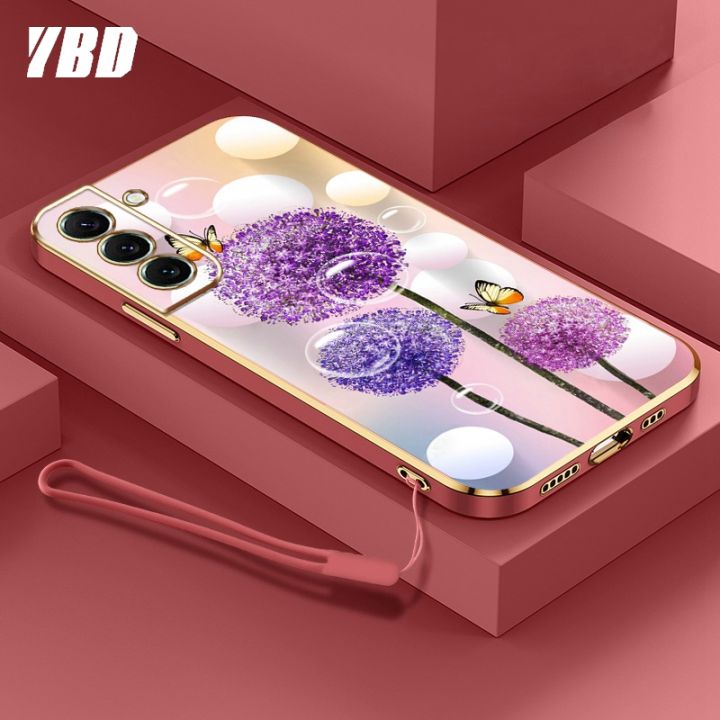 ybd-ใหม่ปลอกสำหรับ-samsung-s21-s22-s23-plus-s21-s22-s23-ultra-s21-fe-พิเศษเคสโทรศัพท์นิ่มชุบโครเมี่ยมสุดหรูเคสฟรีสายคล้องแบบดอกไม้ผีเสื้อสีสันสดใส