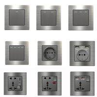 【DT】hot！ Metal grey Eu wall light switchStainless steel universal usb rechargeable electrical socket220V dimmer speed control switch