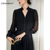 Schinteon Women 100 Real Silk Blouse Stand Collar Long Sleeved Pullover Shirt Spring Summer Office Lady Top Buttons Ruffles New