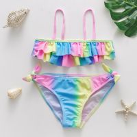 ✐❂● 3-12Years Girls Ruffle Frill Bikini Swimsuit Set NEW 2022 TWO-PIECES Summer Beach Wear for Little Child Girls Rainbow Swimwear