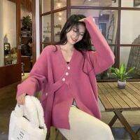 Niche Chic Design Sweater V-Neck Slit Top For Women Winter Loose And Gentle Mid-Length Regular Coat Retro