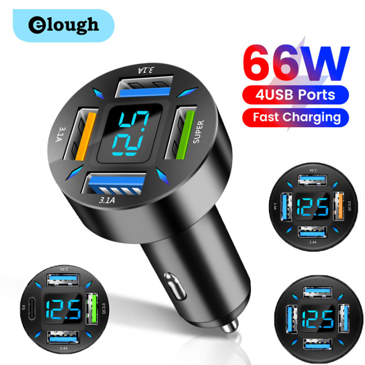 Elough 4 Ports 66W USB Car Charger Fast Charging Qucik Charge 3.0 QC3.0 PD  20W Type C Car USB Charger