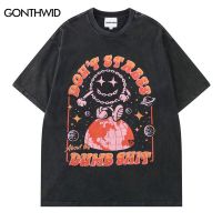 JHPKJFunny Planet Space Print T Shirt 2023 Summer Vintage Washed Round Neck Y2K Cartoon T-shirt Graphic Casual Loose Streetwear 4XL 5XL 6XL