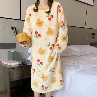 2021 Autumn Winter Print Long Sleeve Thick Warm Flannel Nightgown For Women Coral Velvet Sleepwear Nightdress Night Dress Nighty