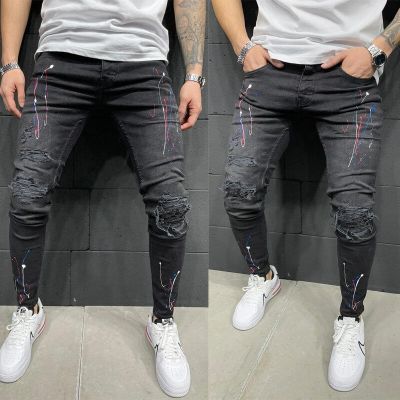 กางเกงยีนส์พิมพ์ลายขาดแบบยืดได้ทุกฤดูของผู้ชายสีดำขนาด S-3Xl สีสันสดใสเสื้อผ้าแนวสตรีทยีนส์รัดรูปผู้ชาย Y2k
