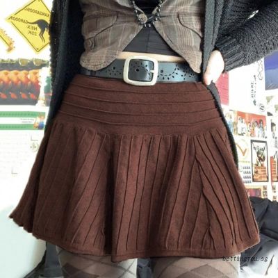 bettingyou ʚ ɞ Women High Waist Faux Wool Knit Brown Striped Stitching Flare A-Line Mini Skirt