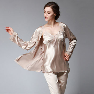 Spring Lace Womens Pajamas Set Silk Satin 3PcsSet Cardigan+Vest+Pants Elegant Femme Tender Sleepwear Homewear
