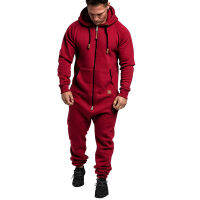 Happybuynerผู้ชายHoodieกีฬาชุดชายJumpsuitโดยรวมซิปสีเดียวกันปิดHoodedชุดตัวนอกแบบรูดปรับขนาดได้กับพ็อกเก็ต