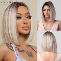 LOUIS FERRE Short Blonde Bob Synthetic Wigs With Dark Root Shoulder Length Blonde Straight Wig Mixed White Hair High Temperature [ Hot sell ] men Shose Center