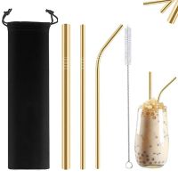 Metal Reusable 304 Stainless Steel Straws Straight Bent Smoothie Drinking Straw with Case Cleaning Brush Set Party Bar Accessory Specialty Glassware