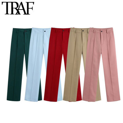 2021TRAF Women Fashion With Darts Office Wear Straight Pants Vintage High Waist Zipper Fly Female Trousers Mujer