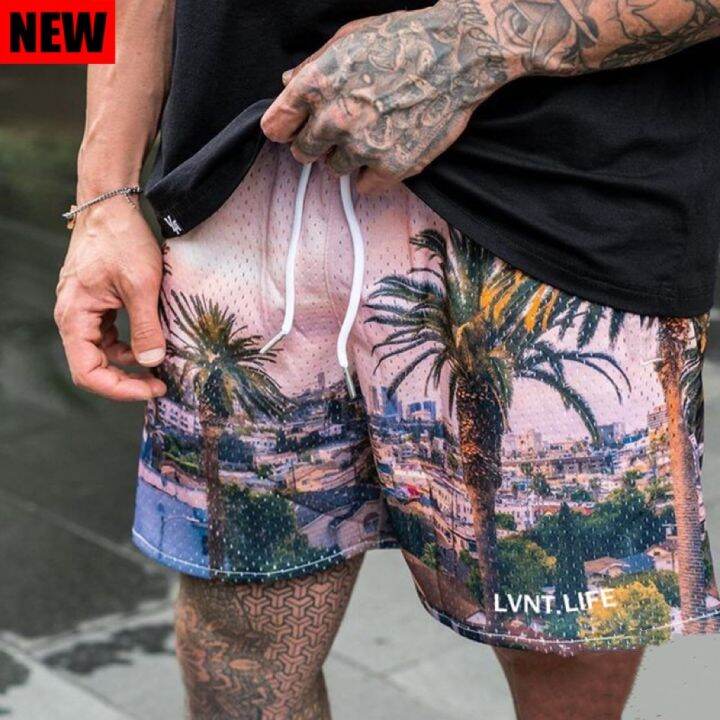 lvnt-life-landscape-painting-mens-shorts-above-knee-mesh-quick-drying-breathable-shorts-high-quality-print-enlarged-size-fitness-running-basketball-loose-star-same-ins-fashion-h