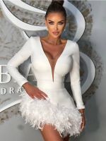 【YF】 New Fashion Women 2023 Sexy V Neck Long Sleeve Feather Black White Mini Bandage Dress Elegant Evening Club Bodycon Party