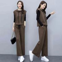 COD DSFGERRTYTRRE 3pcs Set Baju Set Wear Women Baju Murah Viral Perempuan Vest with hoodie T Shirt Wide Leg Pants High Waist Women Casual Set Wear Fashion Korean Style Women Ulzzang Suit Set