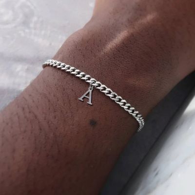 Classic A-Z Initial Letter Bracelet Men Simple Stainless Steel Cuban Chain Bracelet For Men Jewelry Gift