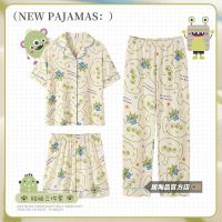 ☃✵ Three-eyed pajamas womens summer three-piece short-sleeved 2023 new spring and autumn cute home service suit can be worn outside