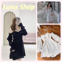 Luna shop?（พร้อมส่งจากกทม มาถึงใน 3-5 วัน）?เดรส? เดรสกระโปรงทรงเอ❤ แขนพัฟ กระโปรงทรงเอ บางเบา เดรสผู้หญิง