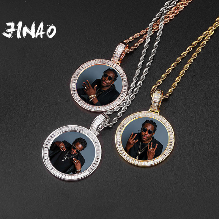 JINAO NEW Custom Ice out Baguett Photo Heart Medallions Necklace &amp; Pendant With 4mmTennis Chain AAA Cubic Zircon Hip hop Jewelry