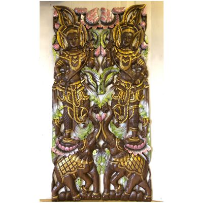 งานไม้สัก (ได้ 2 แผ่น) เทวดาขี่ช้างไม้แกะสลัก ขนาดต่อแผ่น 180x45x4 cm. Large Teak Wooden Carved Paint ไม้สักแต่งบ้าน ทนแดด ทนฝน ..จัดส่งอย่างดี..