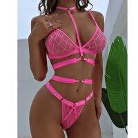 New Women Lingerie Free Shipping Neon Pink Underwear Set See Through Chic Sexy Plaids Luxury Halter Garters Outfits