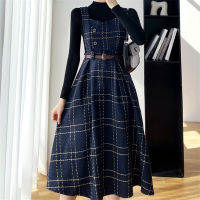 2021 New Autumn Winter Woman Sets Two Pieces Dresses With Belt Woolen Checkered Vintage Fashionable Lady Suits