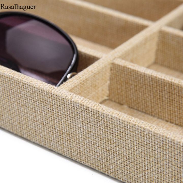 กล่องแสดงแว่นกันแดดแฟชั่นผ้าลินิน6-10-12ช่องใส่แว่นตาแสดงแว่นกันแดดอุปกรณ์ประกอบฉากแสดงถาดกล่องเครื่องประดับ