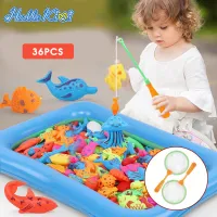 HelloKimi 36PCS Magnetic Fishing Pool Toys Game for Kids Water Table Bath-tub Kiddie Party Toy with Pole Rod Net Plastic Floating Fish Toddler Color Ocean Sea Animals for 30 Fish, 2 Fishing Rods, 2 Fishing Nets, 1 Inflatable Pool and 1 Inflator