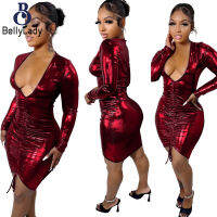 95% Polyester 5% Spandex V-neck Drawstring Nightclub Sheath Dress【fast】