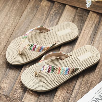 2023 the imitation straw grass flip-flops female summer fashion flat beach outside cool slippers