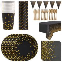 Stamping black polka dots disposable birthday party tableware sets paper cups paper plates pull flags decorative arrangements