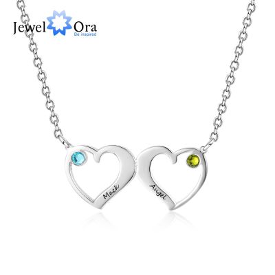 Customized Double Heart Pendant Necklace with 2 Birthstones Personalized Name Engraved Jewelry Couples Necklaces (NE102396)