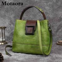 Motaora Womens Bag Retro Genuine Leather Shoulder Bags Handmade Women Bucket Bag First Layer Cowhide Top-handle Bags For Female