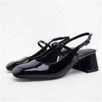 2023 Summer New Womens Shoes Black French Patent Leather Thick Heels Mary Jane Shoes Ballet Shoes Baotou Half Trailer High Heel Sandals