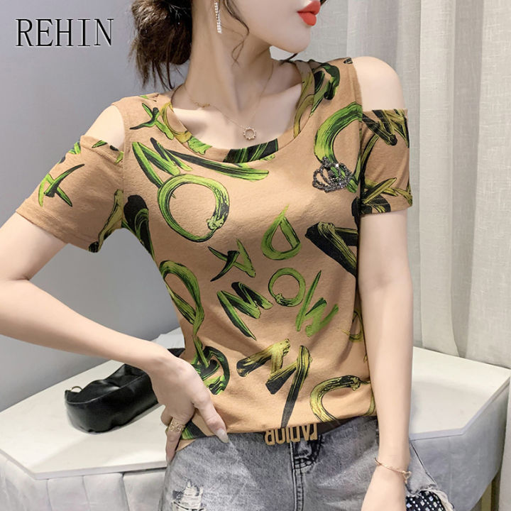 rehin-ผู้หญิงฤดูร้อนใหม่ที่ไม่มีสายหนังพิมพ์เสื้อยืดแขนสั้นคอกลม-slim-fit-eleganr-s-3xl-เสื้อ
