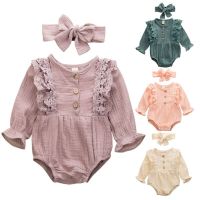 Newborn Baby Girl Ruffle Long Sleeve Romper Jumpsuit Headband Spring Autumn Outfit Clothes Cotton Linen Button Bodysuit 0-24M  by Hs2023