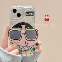 ☑▤ เคสโทรศัพท์มือถือแบบนิ่ม กันกระแทก ลายการ์ตูนชินจัง พร้อมตัวยึดกระจก สีเงิน สําหรับ iPhone 14 13 12 XR