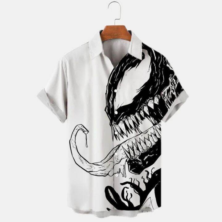 เสื้อยืดพิมพ์ลายดิจิทัลแนวฮาวายสำหรับผู้ชาย-เสื้อมีกระดุมพิมพ์ลายดิจิทัลแนวสยองขวัญชายหาดแนวฮาวายลำลองทรงหลวมเสื้อเชิ้ตฤดูร้อน