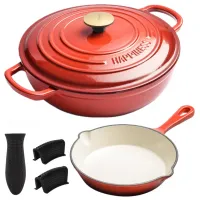 【จัดส่งในไทย/2ชิ้นจัดส่งฟรี】Enameled Cast Iron Casserole Dish+ 20cm Enameled Cast Iron Skillet set