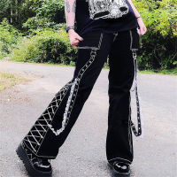 Punk Dark Alt Jeans Women Tie Up Denim Pants 90s Gothic Emo Cargo Pants Fairycore Jogger Cyber Y2k Trousers Baggy Jeans Techwear