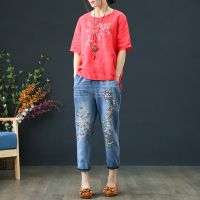 【มีไซส์ใหญ่】Plus Size Womens Blue Jeans Elastic Waist Floral Embroidery Denim Pants Female Casual Cropped Trousers