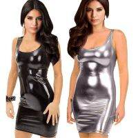 2Pcs Womens Synthetic Leather Metallic Clubwear Mini Dress Silver &amp; Black