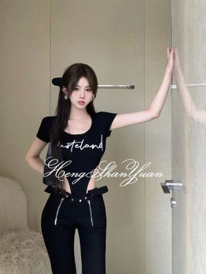 HengShanYuan เสื้อยืดสีดำแขนสั้น,Cewek Seksi ไร้เอวเซ็กซี่เสื้อเอวลอยชิ้นในตัวเดียวสำหรับใส่ในฤดูร้อน