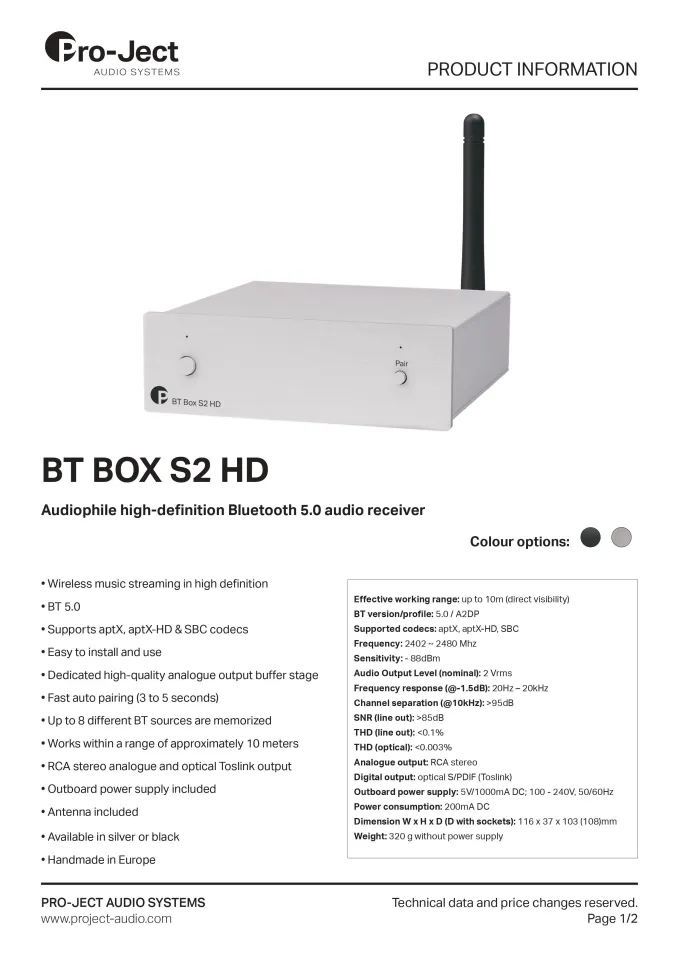 PRO-JECT BT Box S2 HD เครื่องรับสัญญาณ บลูทูธ 5.0 สำหรับสตรีมเพลง