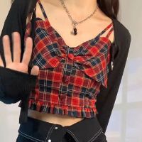 Genuine Uniqlo High-end Red Plaid Bow Small Camisole for Women Summer Sweet Hot Girl Short Chic Navel-Baring Inner Top