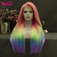 Imstyle Rainbow Synthetic Lace Front Wig Long Straight Multicolor Wigs Colorful Wigs For Women Cosplay Party Wig Heat Resistant Wig  Hair Extensions P