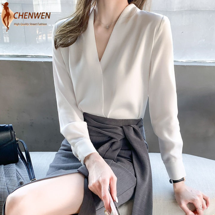 DanceeMangoo Korean Fashion Office Shirt for Women Elegant Turndown Collar  Long Sleeve Blouses Ladies Solid Button Casual Blouse Top
