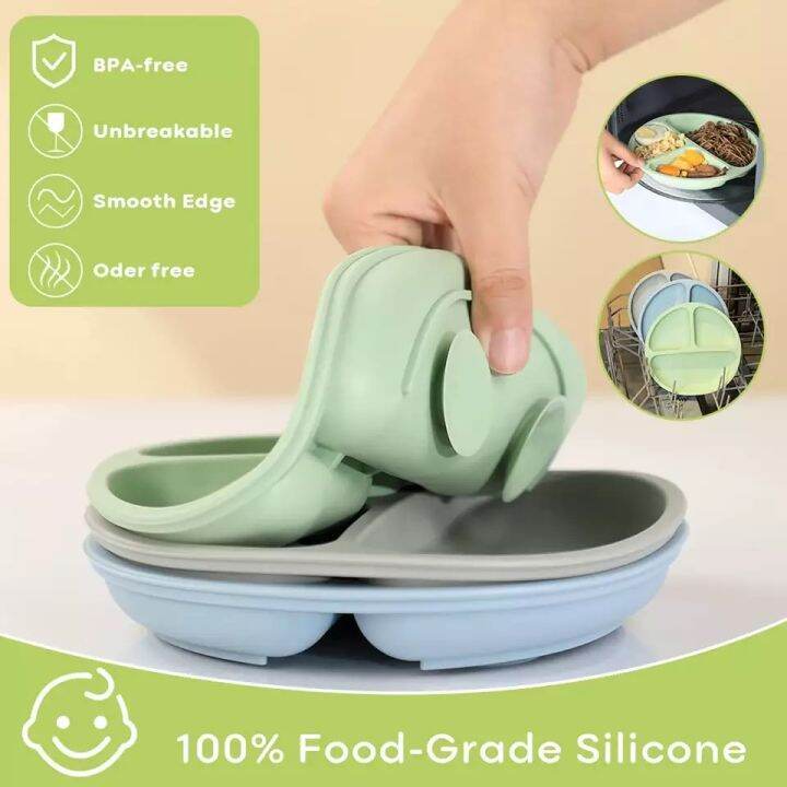 พร้อมส่ง-ivory-silicone-plate-food-grade-จานซิลิโคนก้นดูด-จาน-ชาม-ซิลิโคน-ถาดหลุม-มีที่ดูดโต๊ะกันลื่น-เด็ก-ทารก