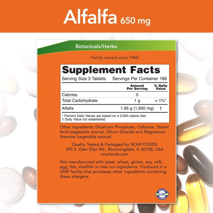 อัลฟัลฟา-alfalfa-650-mg-500-tablets-now-foods-อุดมไปด้วยวิตามิน-แร่ธาตุ-และคลอโรฟิลล์-จากพืชตระกูลถั่วขนาดเล็ก