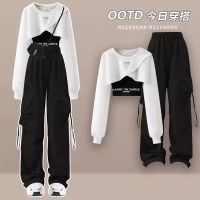 Spot parcel post Autumn Sweet Cool Suit Female Student Korean Loose Sweatshirt with Bandage Dress Suspenders + Hip Hop Overalls Three-Piece Suit Fashion